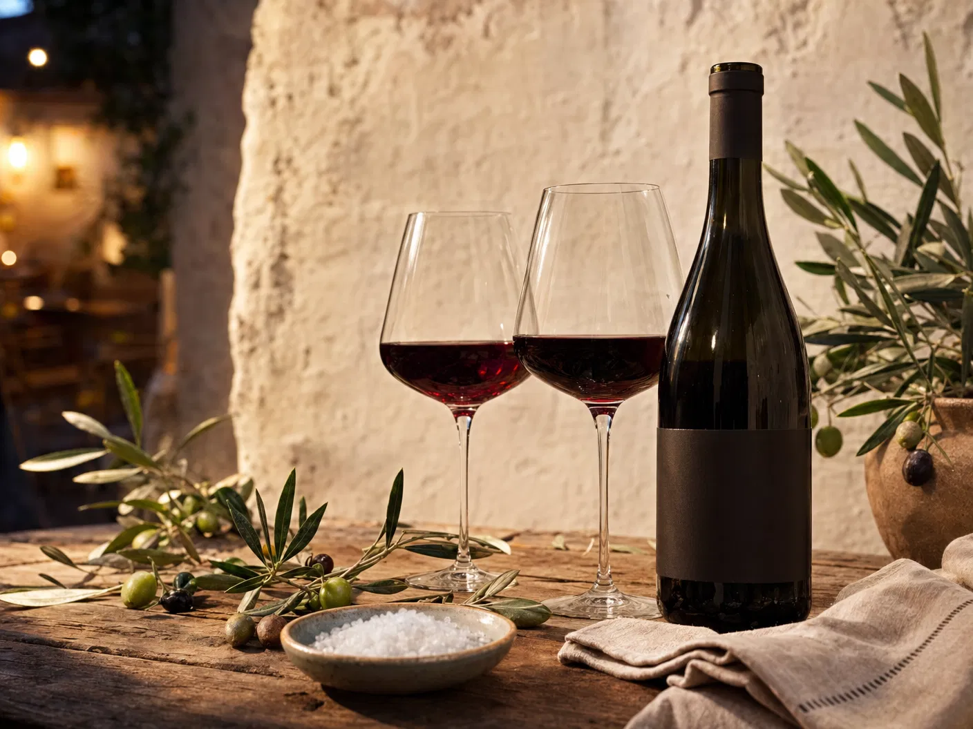 シチリア産ワインとオリーブの静物写真