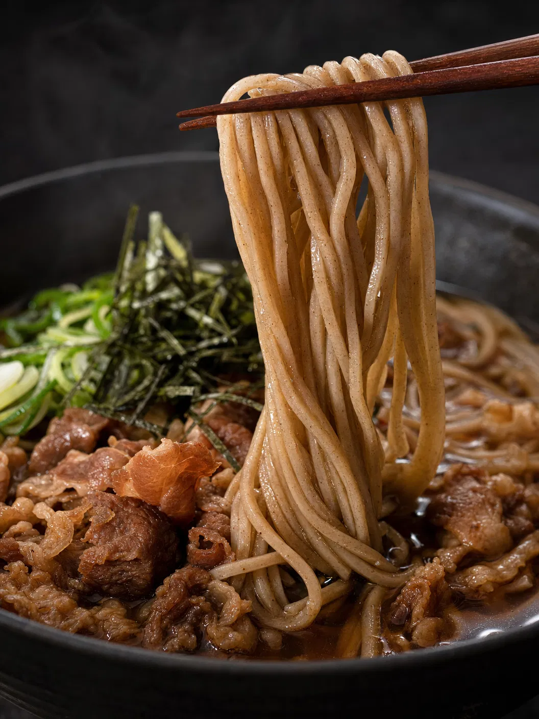 箸で持ち上げた冷し肉そばの麺