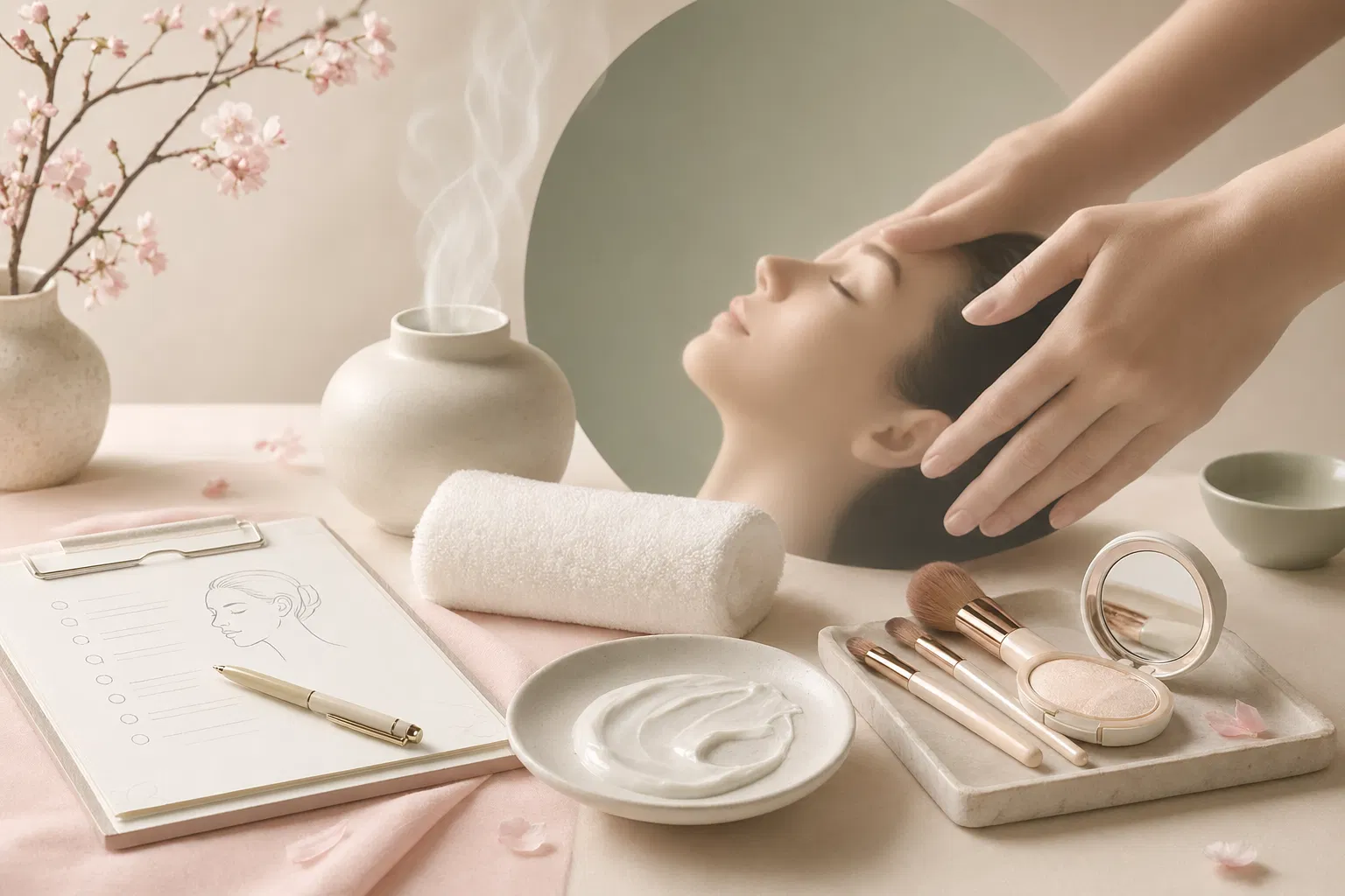 カウンセリング、スチーム、マッサージ、マスク、メイクアップを表す美容ケアの静物イメージ