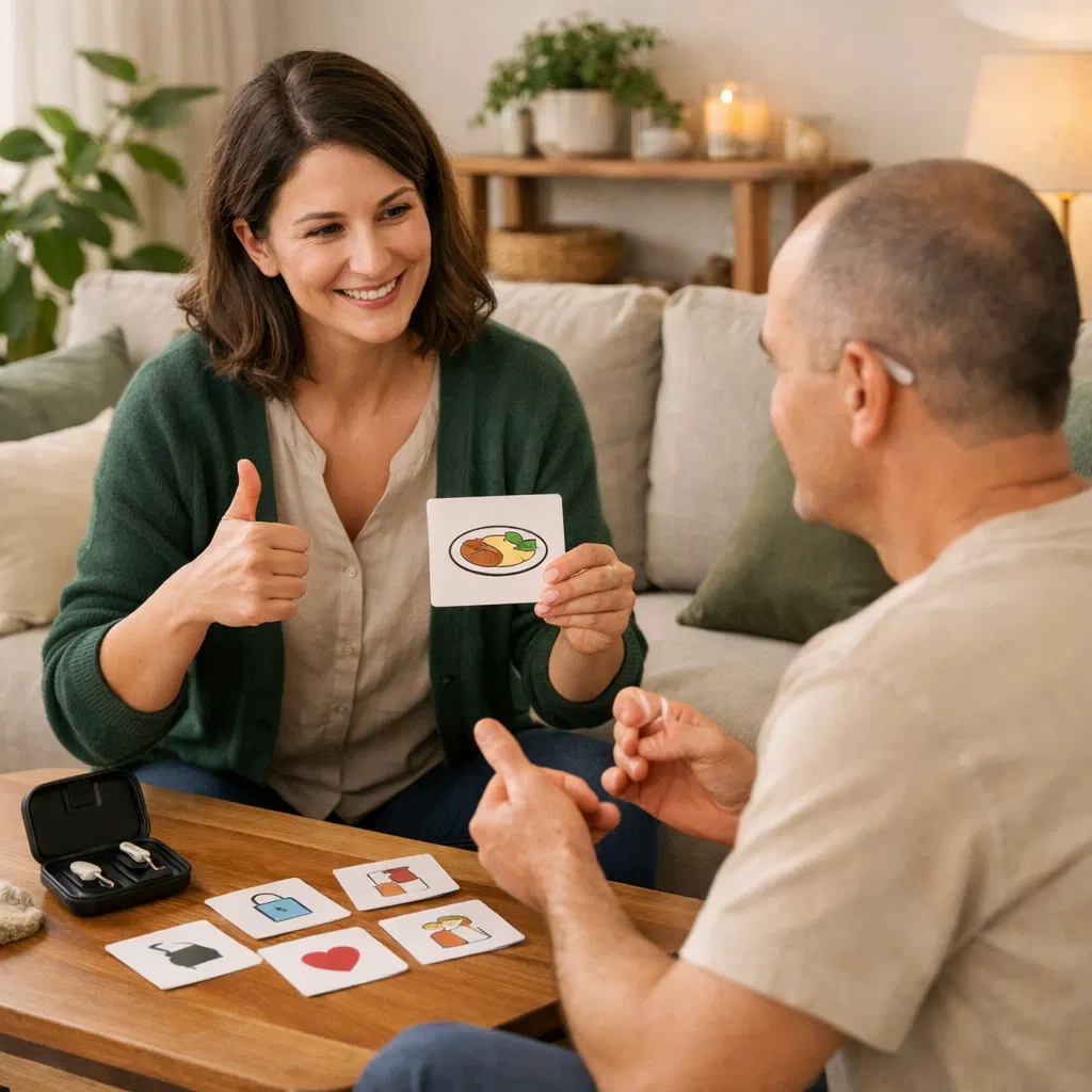 Support worker using accessible communication tools with a service user