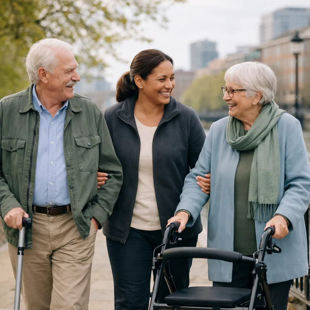 Care worker supporting older adults during a community walk