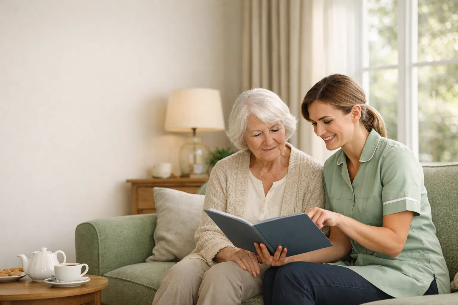 Caregiver and older adult reviewing a support plan in a calm living room