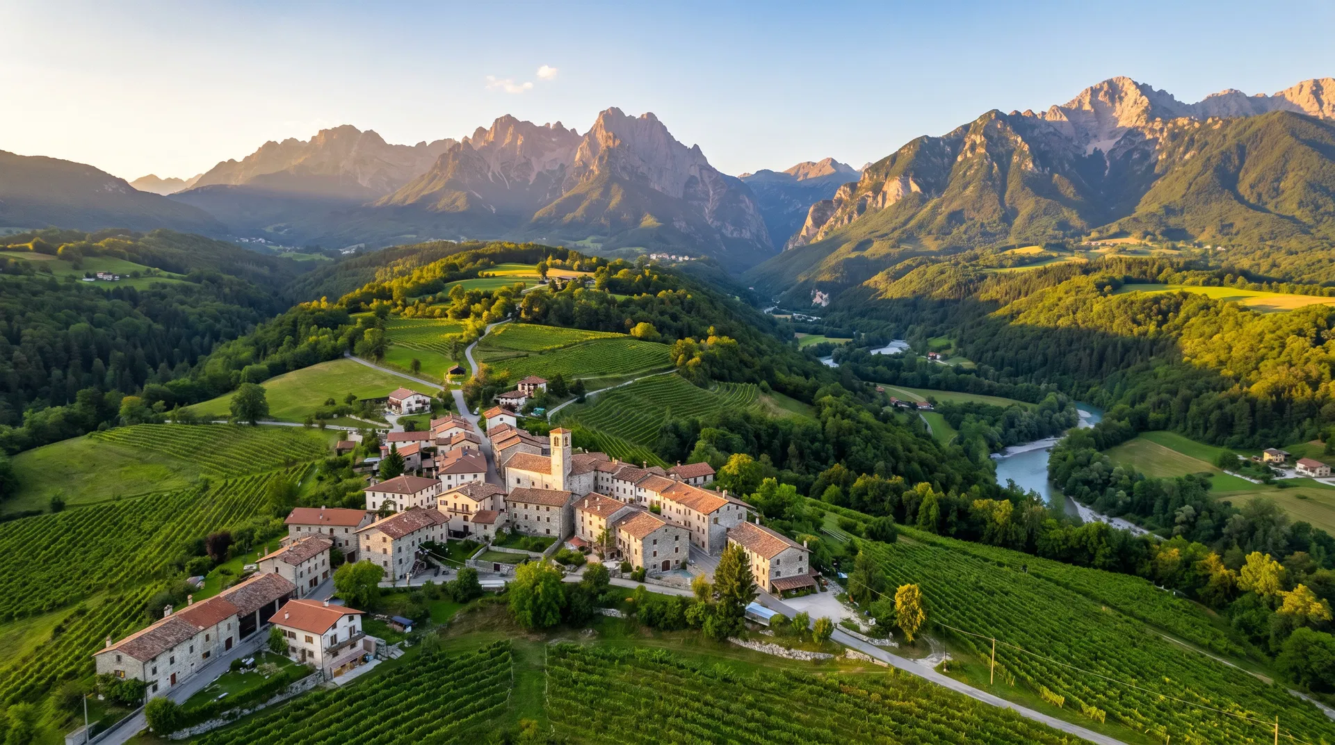 Panorama di Navarons di Meduno con le Dolomiti Friulane sullo sfondo