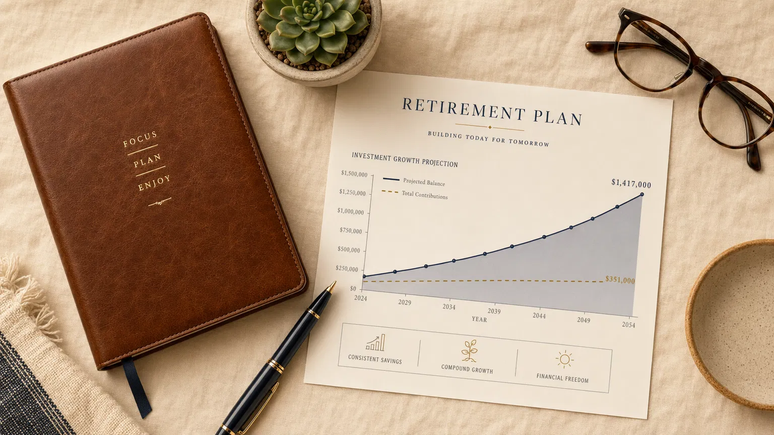 Retirement planning documents and financial chart