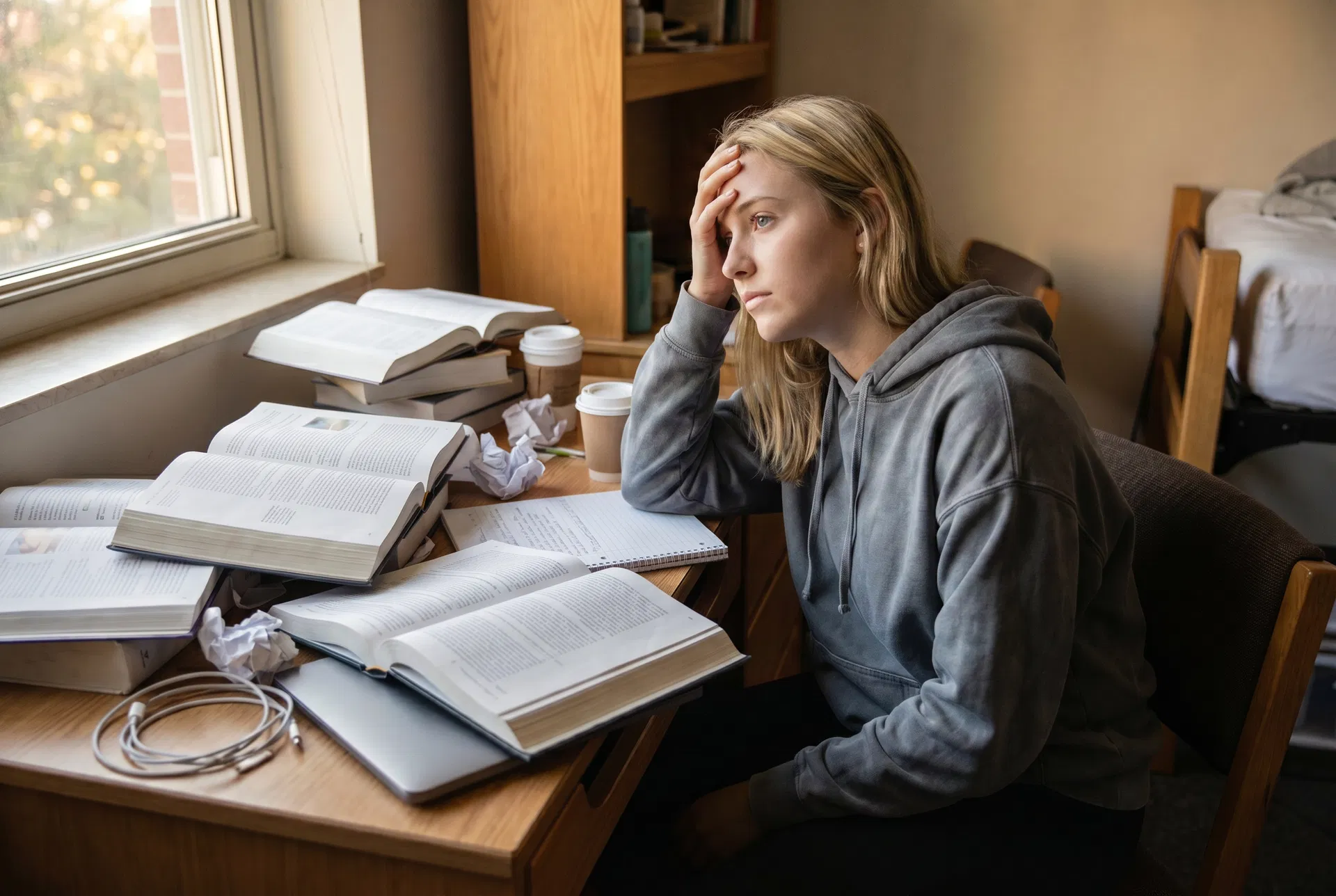 A college student struggling to concentrate at a cluttered desk with piles of papers and books