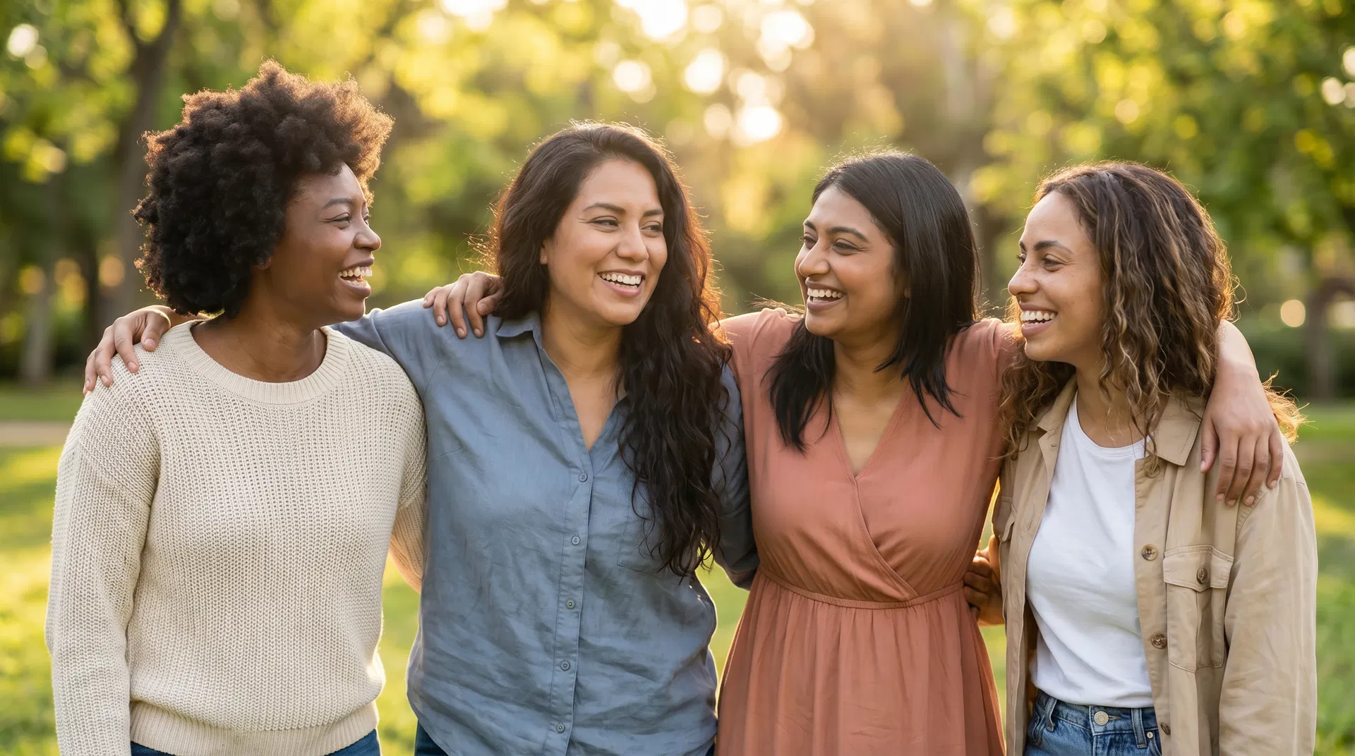 A diverse group of BIPOC women smiling and connected together outdoors