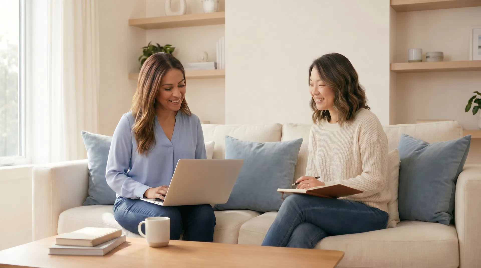 Two female colleagues consulting together on a couch in a professional office setting