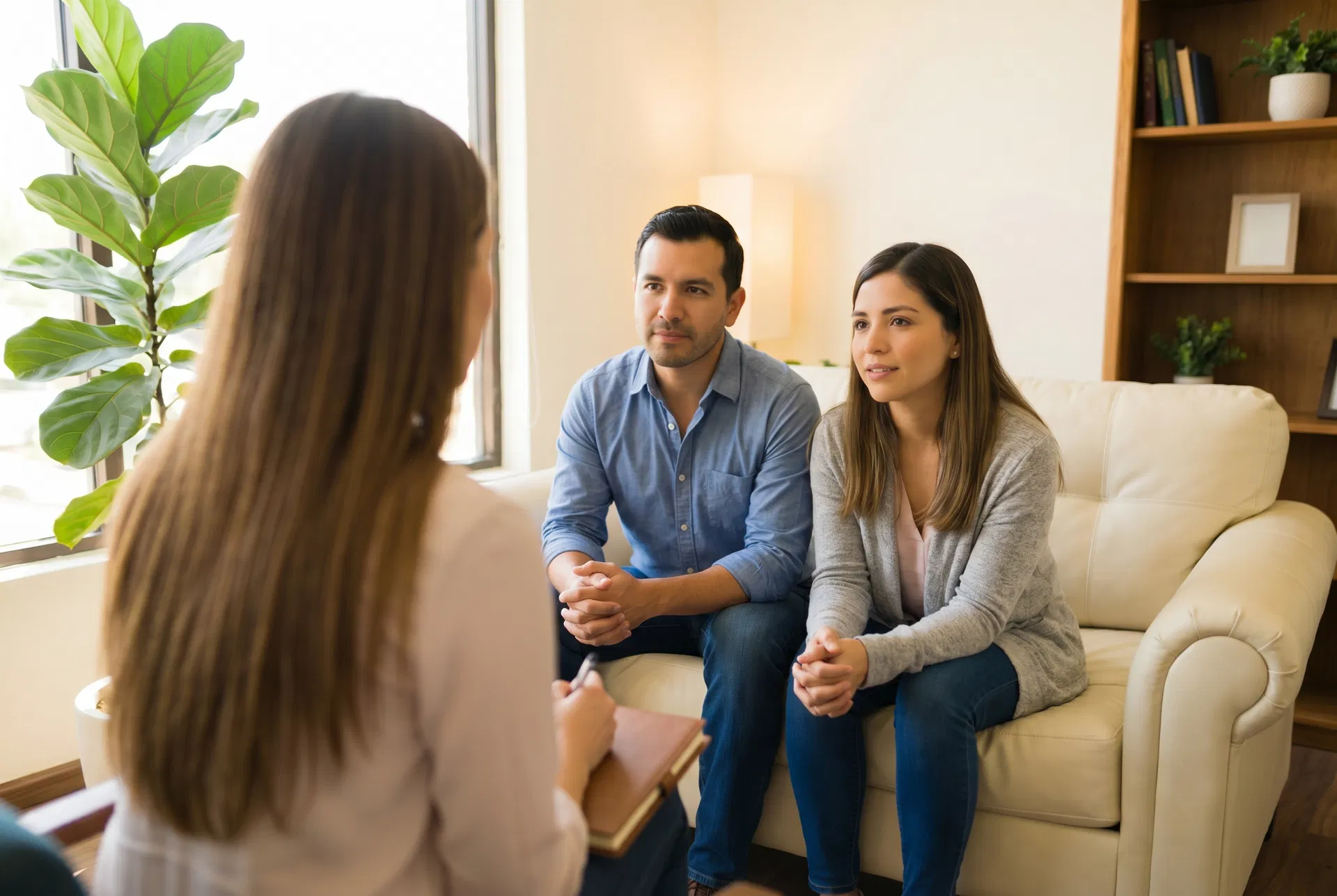 A Latin couple sitting on a therapy couch engaged in conversation with their therapist