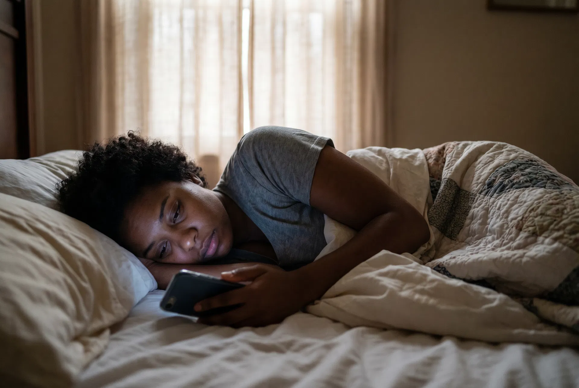 A person lying in bed scrolling their phone with a sullen, low-energy expression
