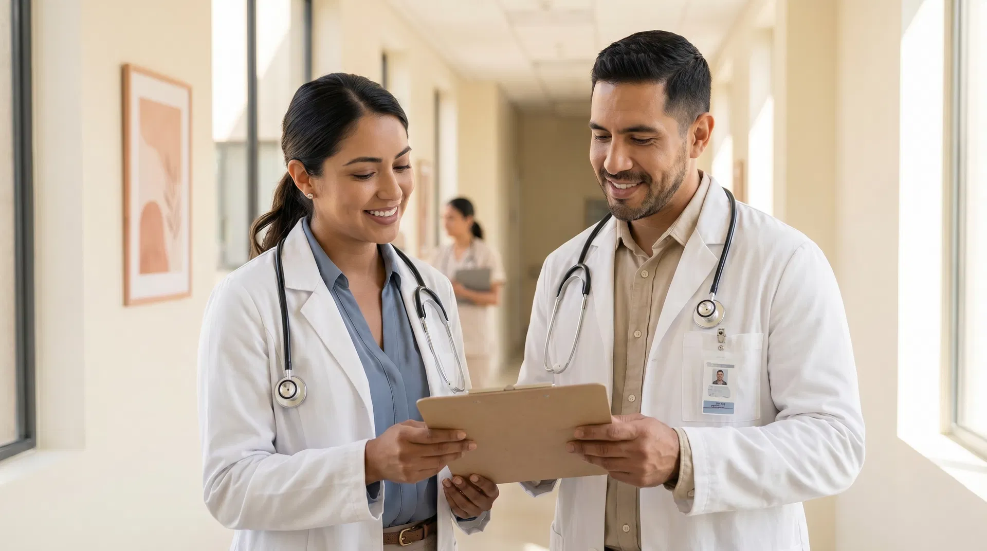 Two Latino doctors with stethoscopes conferring over a patient chart in a hospital corridor