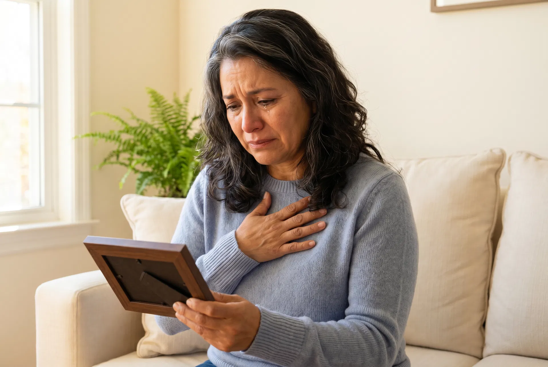 A middle-aged Latin woman holding a framed photograph of a loved one with her hand on her heart in mourning