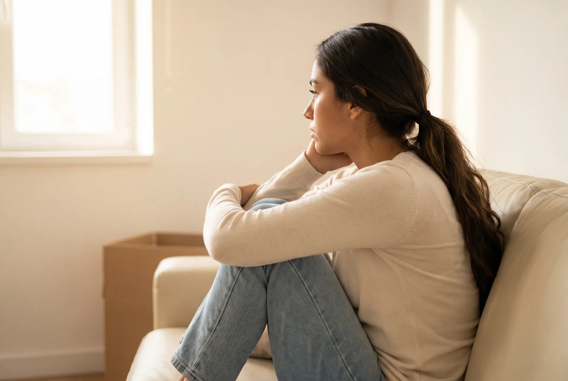 A contemplative Latina woman sitting on a couch looking toward a window