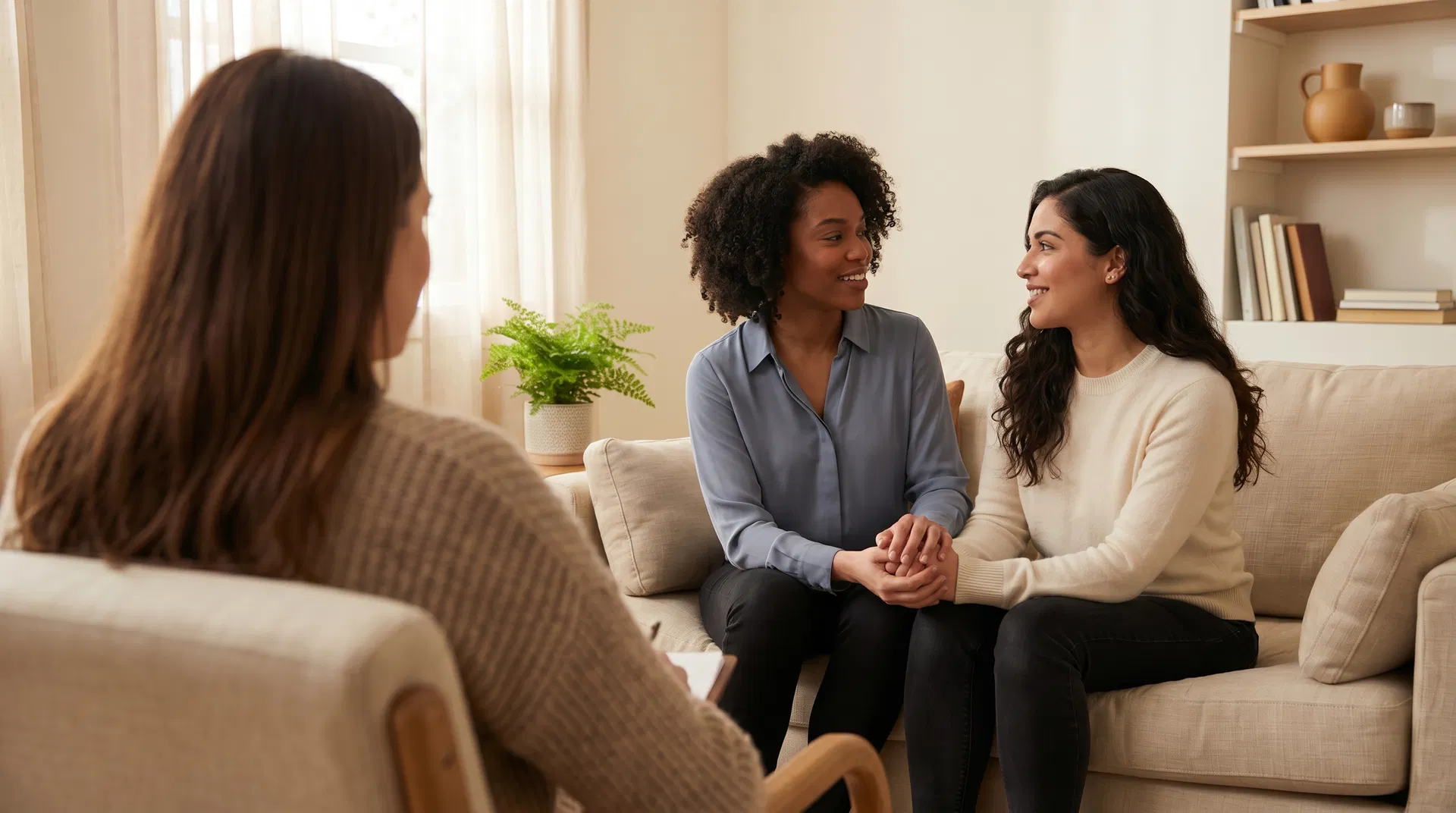 A lesbian couple of color in a therapy session, holding hands on a couch