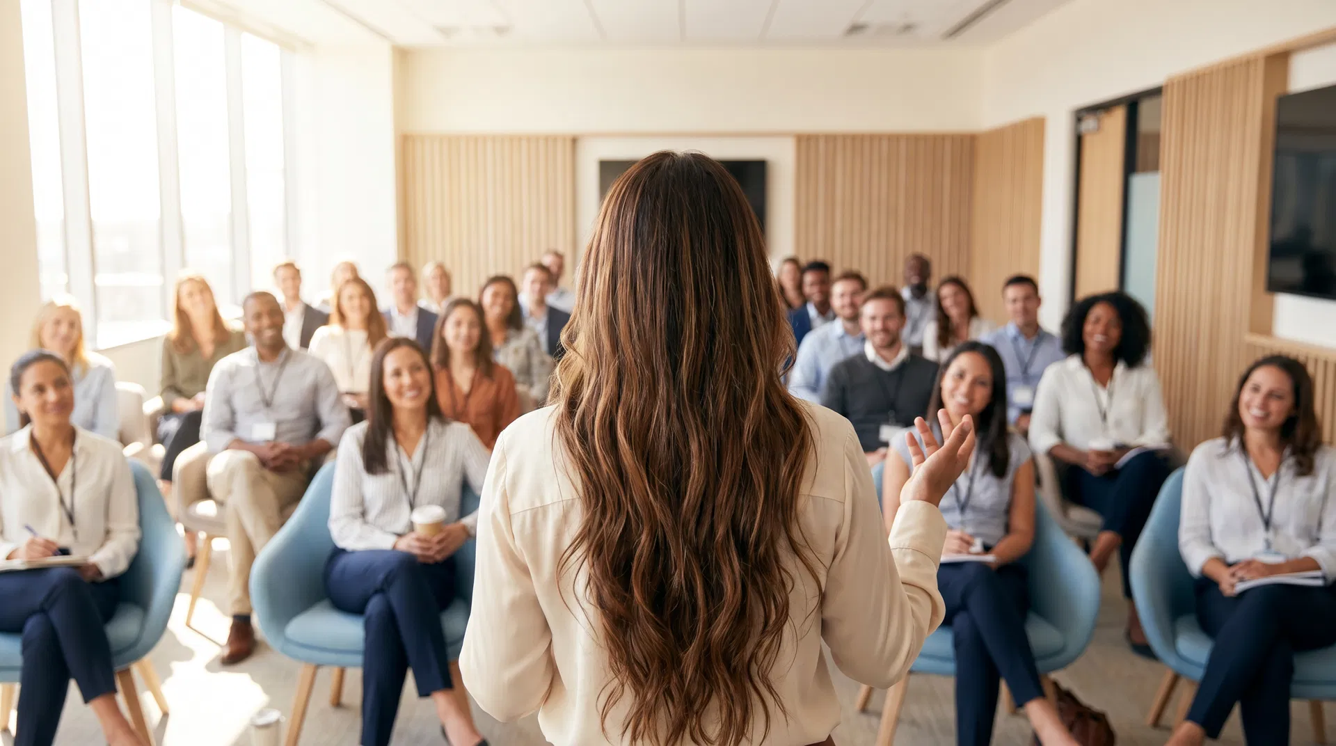 Female presenter with long brunette hair speaking to an engaged diverse audience in a modern conference room