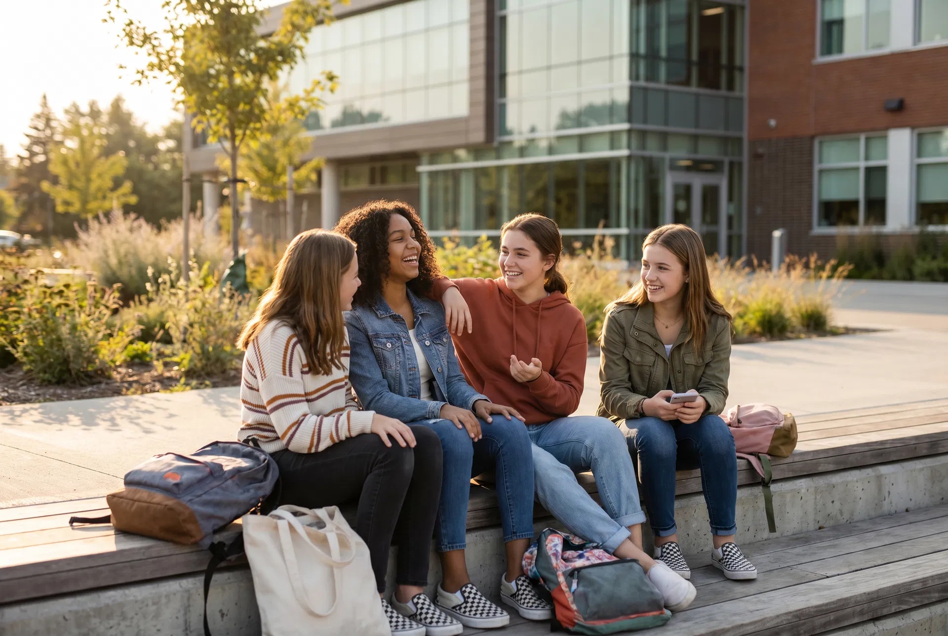 Diverse teen girls laughing and connecting on a bench outside a high school