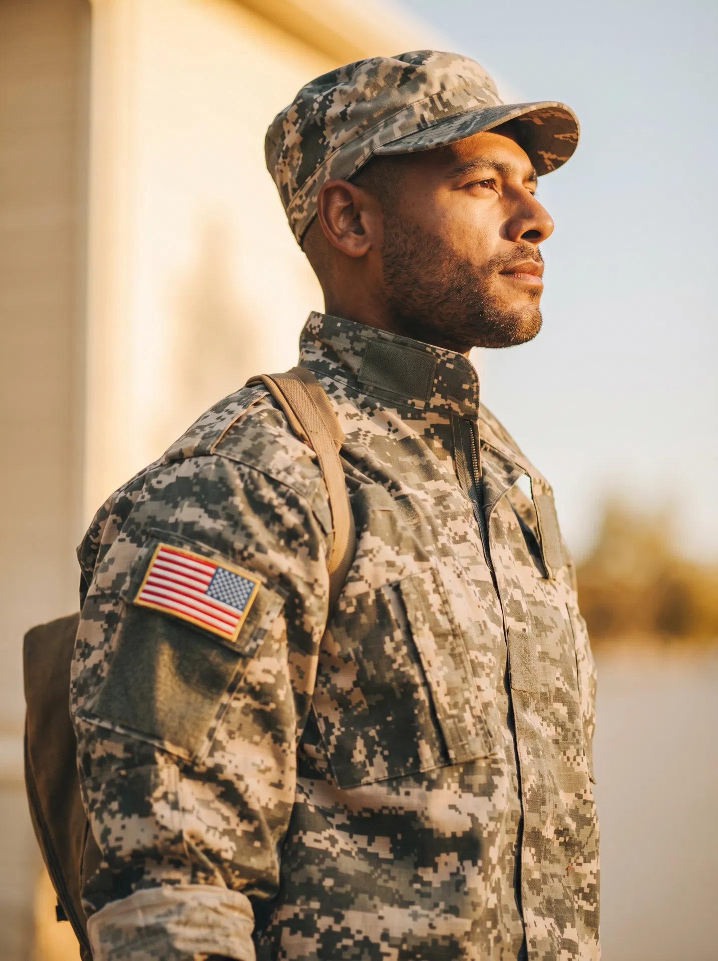 Young soldier in army digital camouflage uniform with American flag patch looking into the distance