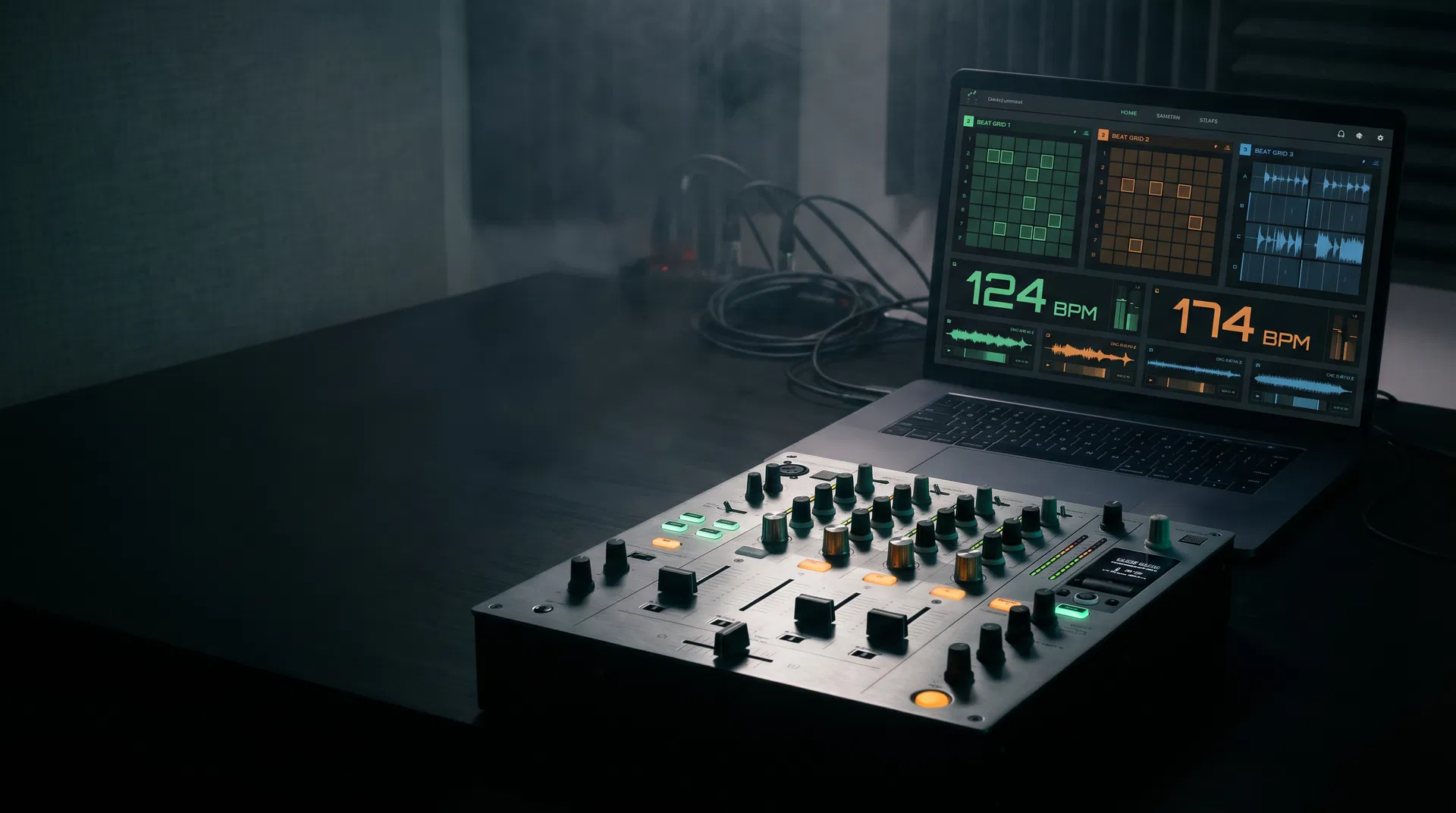 DJ workstation with BPM screens and mixer lighting