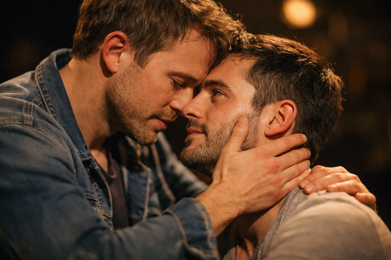 Close-up of two male actors in intimate theatrical moment