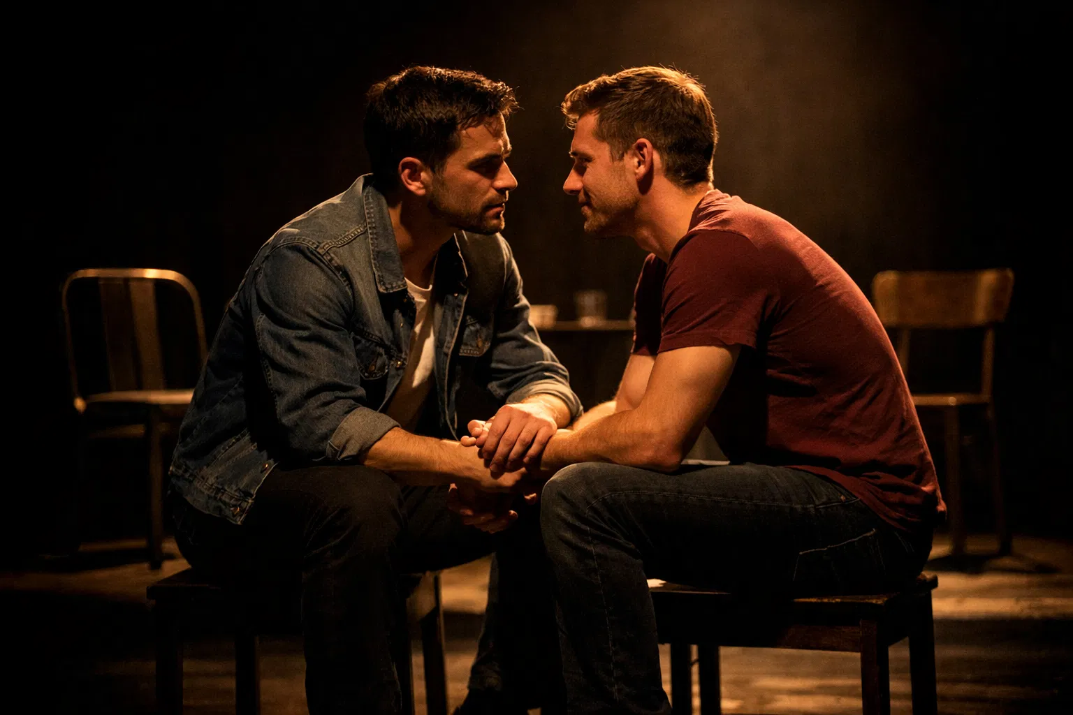 Production scene with two male actors in intimate conversation