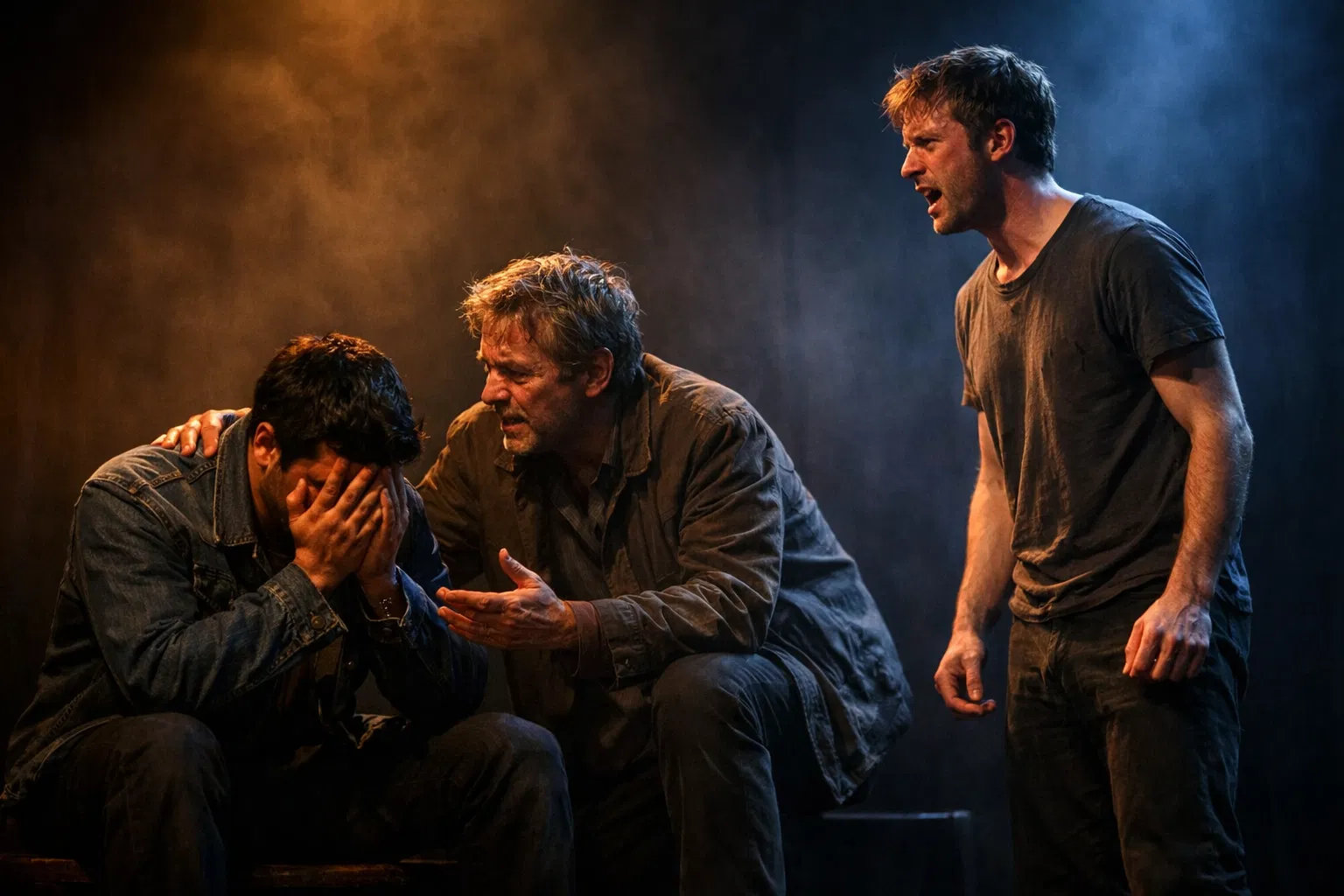 Dramatic production moment with three male actors on stage