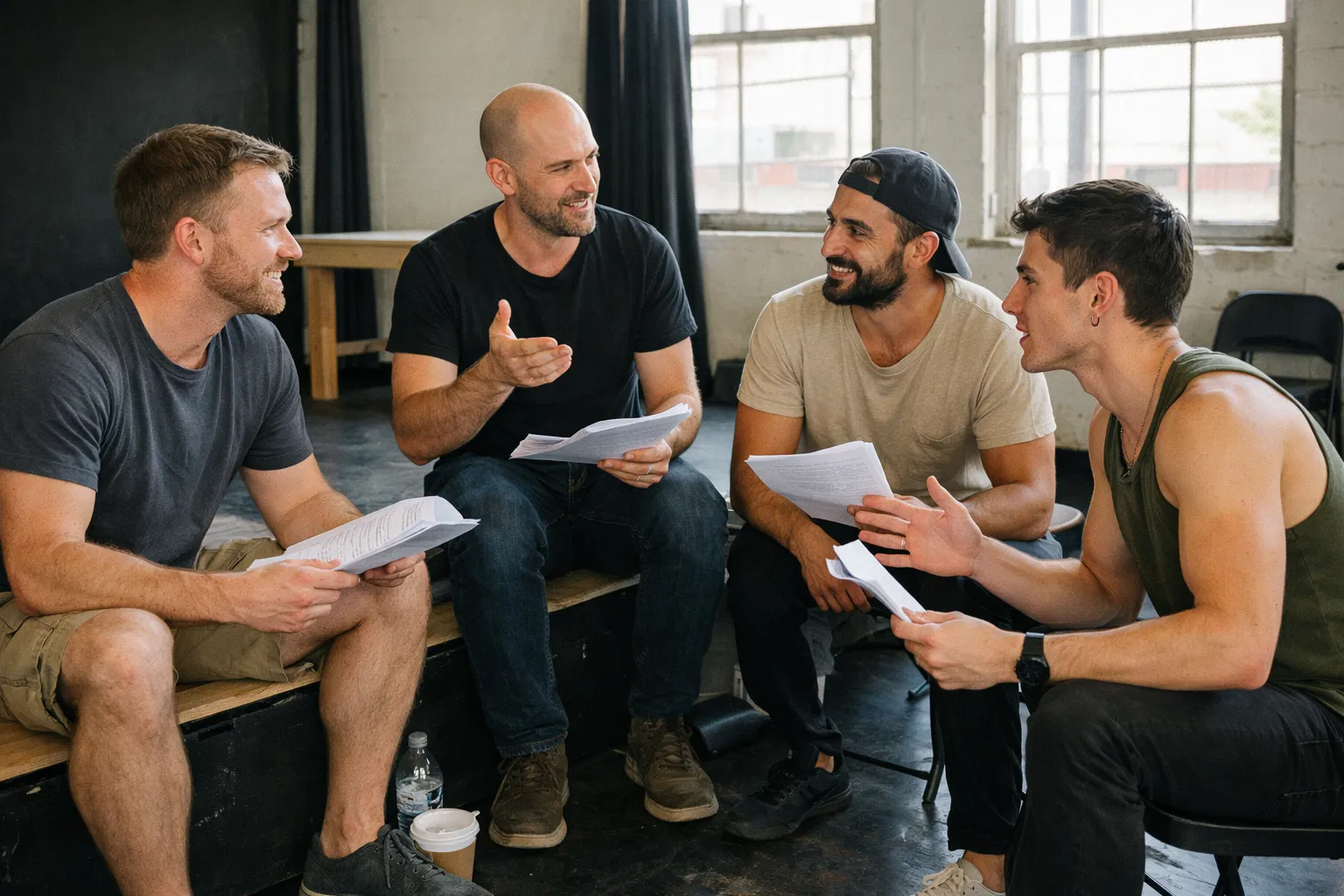 Rehearsal scene with four male actors in collaborative discussion