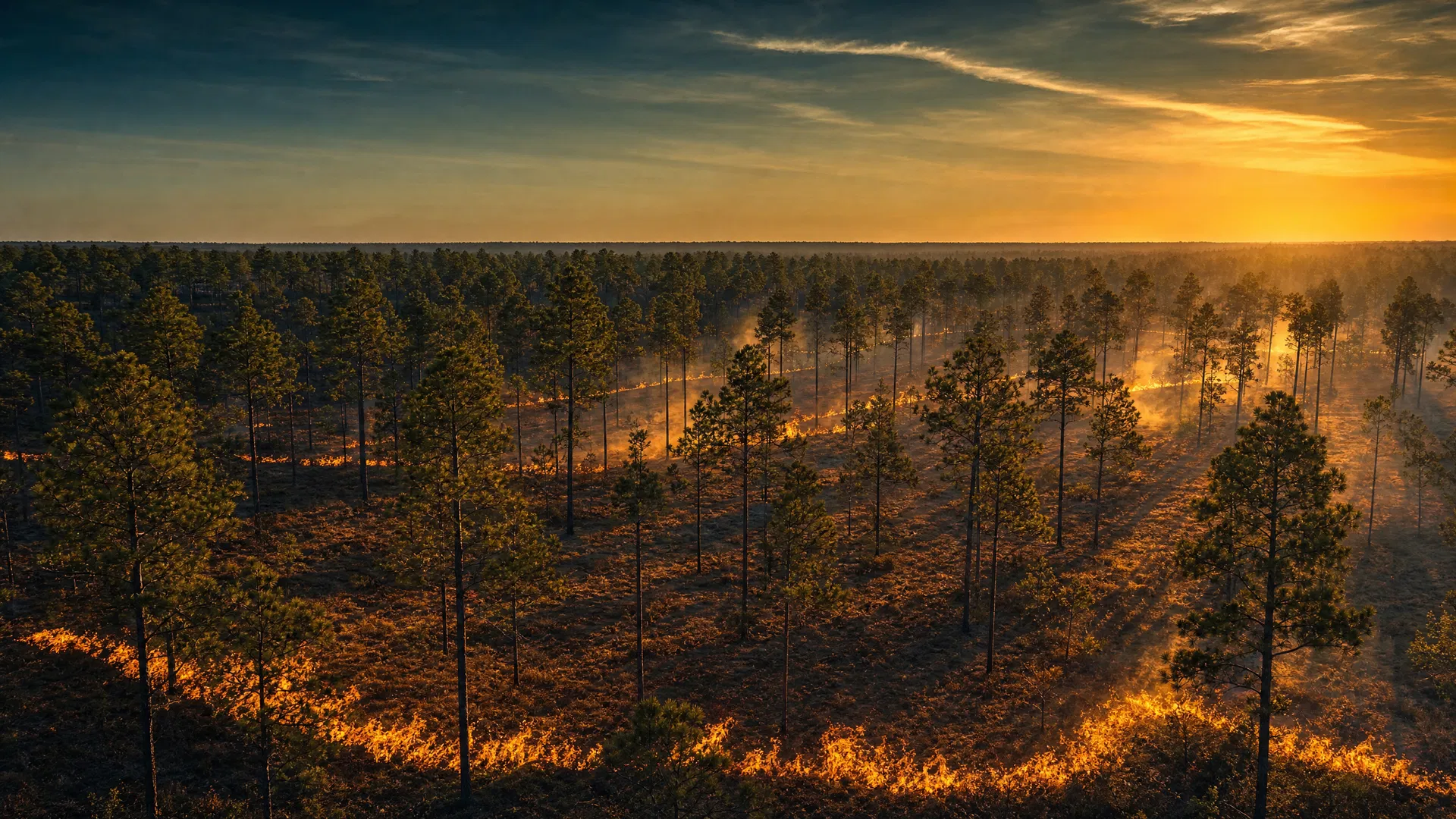 Aerial view of a controlled prescribed burn through longleaf pine forest at dusk.