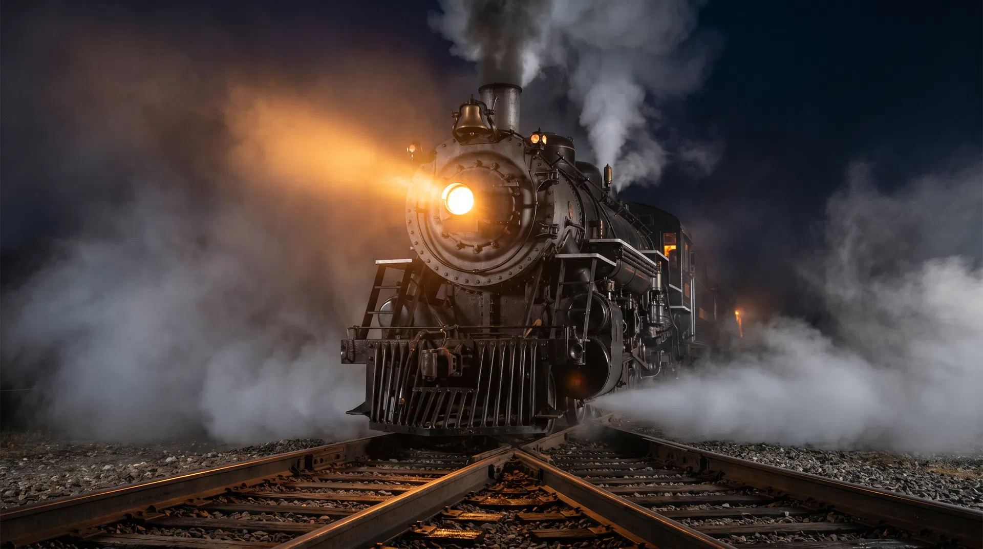 Steam locomotive coming head-on down the tracks at night with bright headlight
