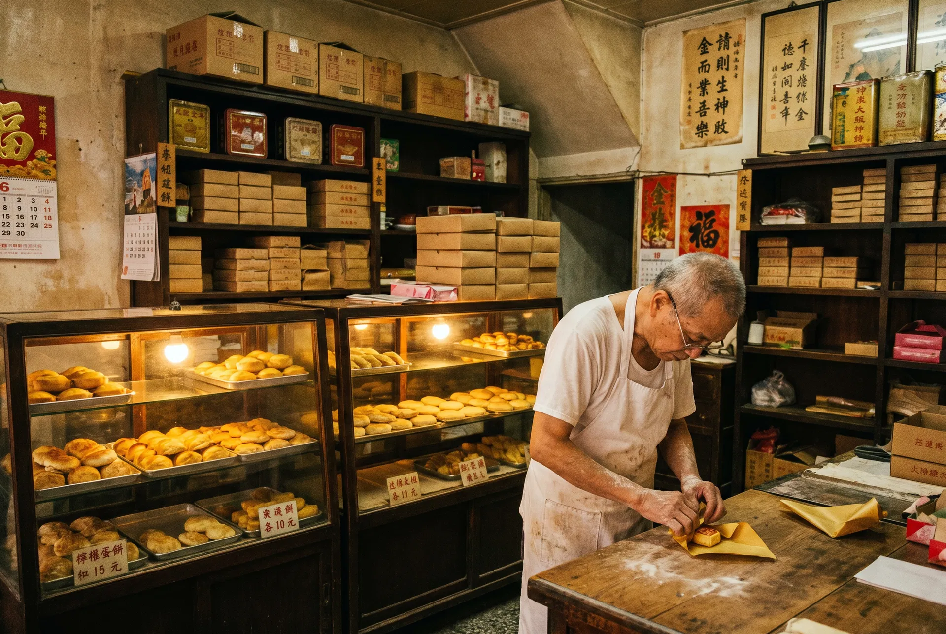 阿信叔在傳統糕餅店中手工包裝