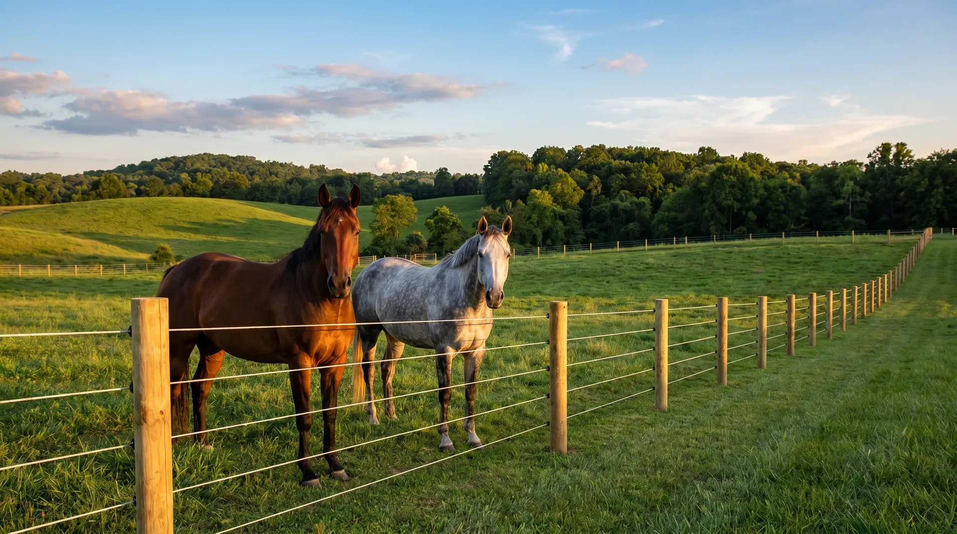 Horses safely behind Cameo polymer fence system with round wooden posts and white polymer lines