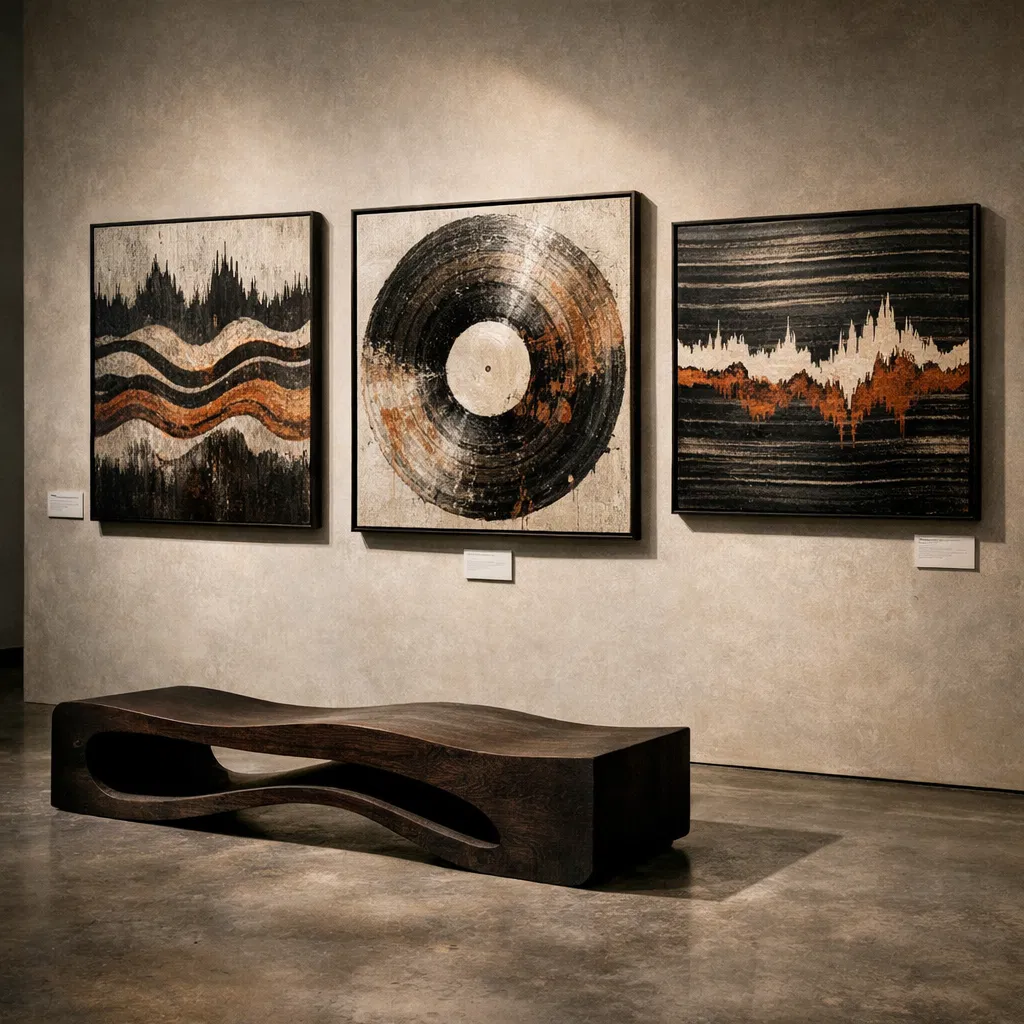 Curated gallery display of abstract audio-inspired artwork