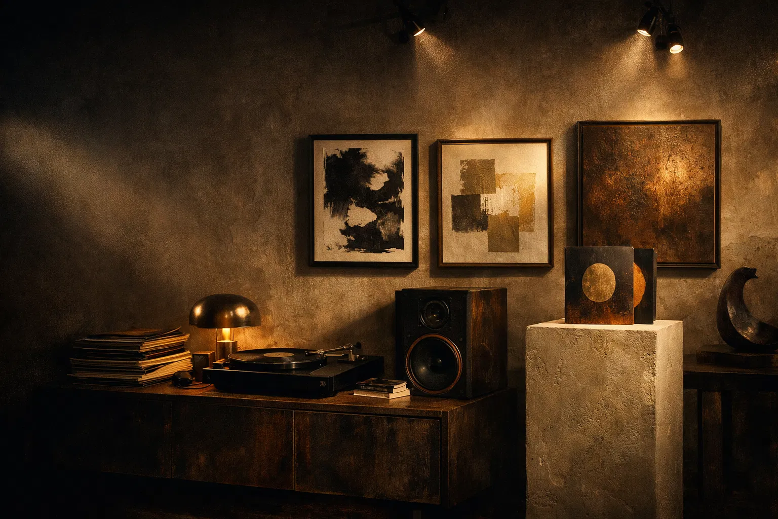 Listening room with vinyl records and framed artwork