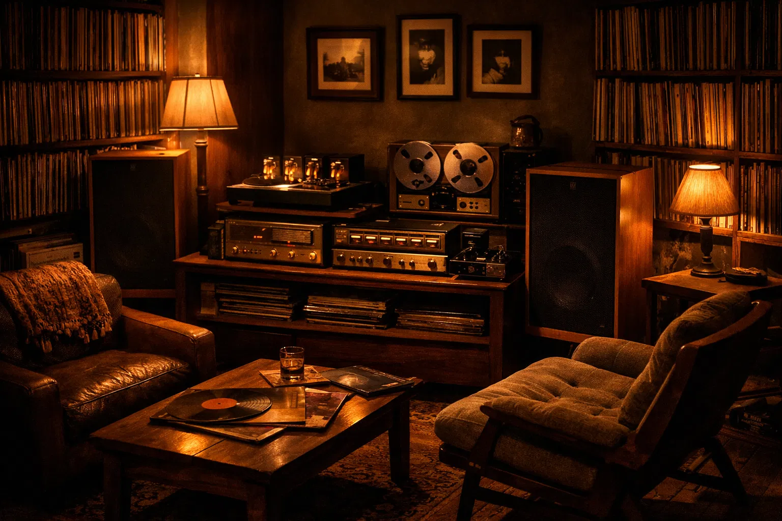 Intimate music listening room with vintage audio equipment
