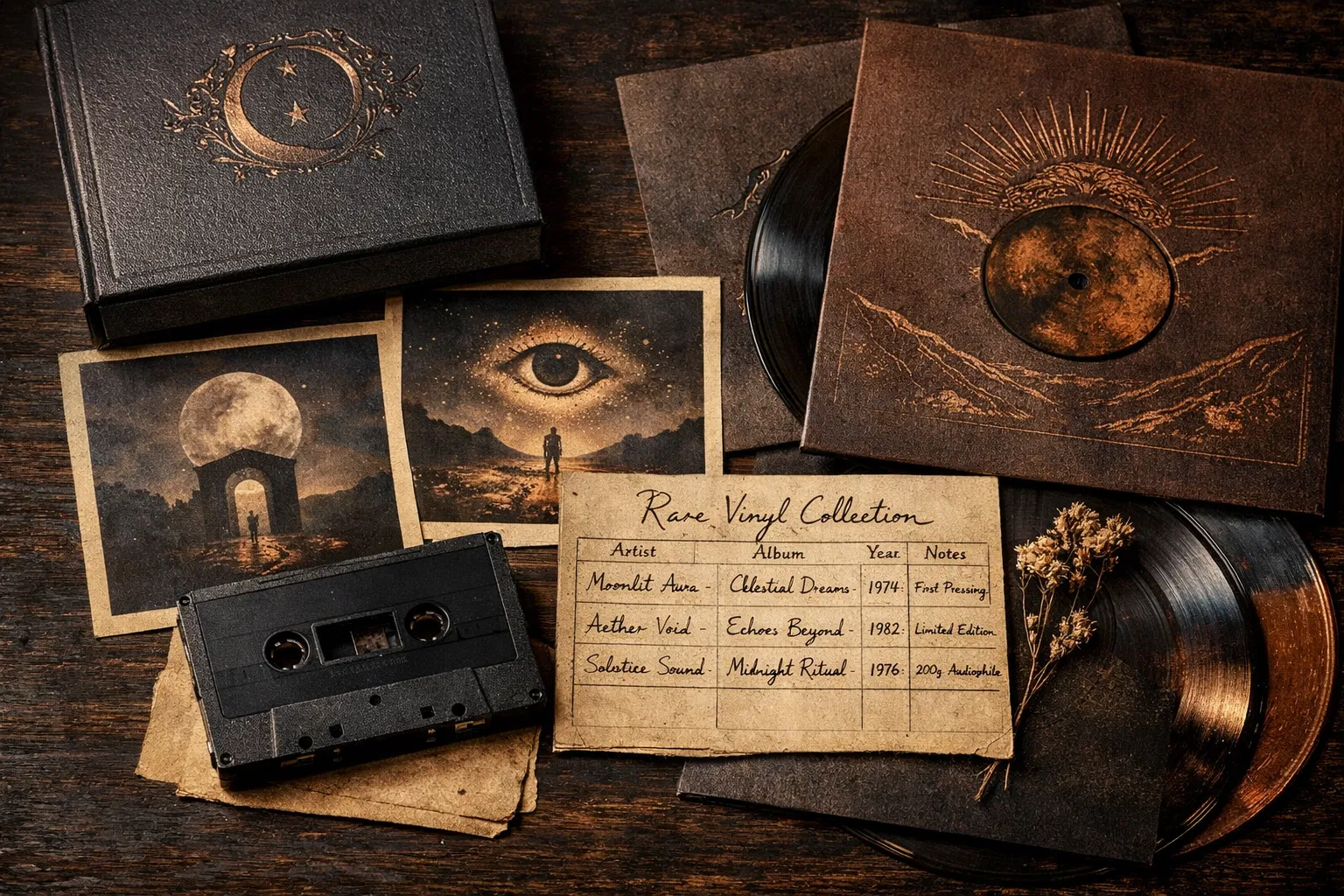 Rare vinyl records and collectible print materials arranged on a table