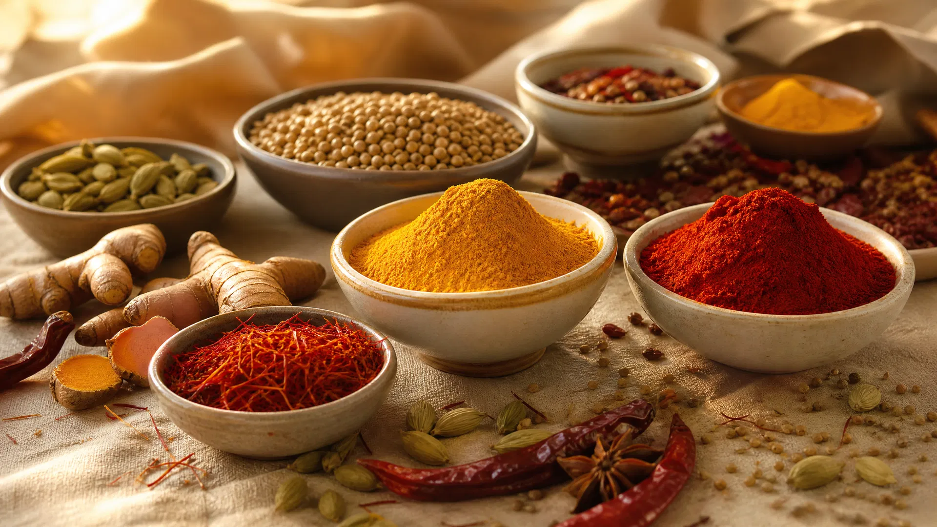 Premium Kalpasi spices in warm cinematic light