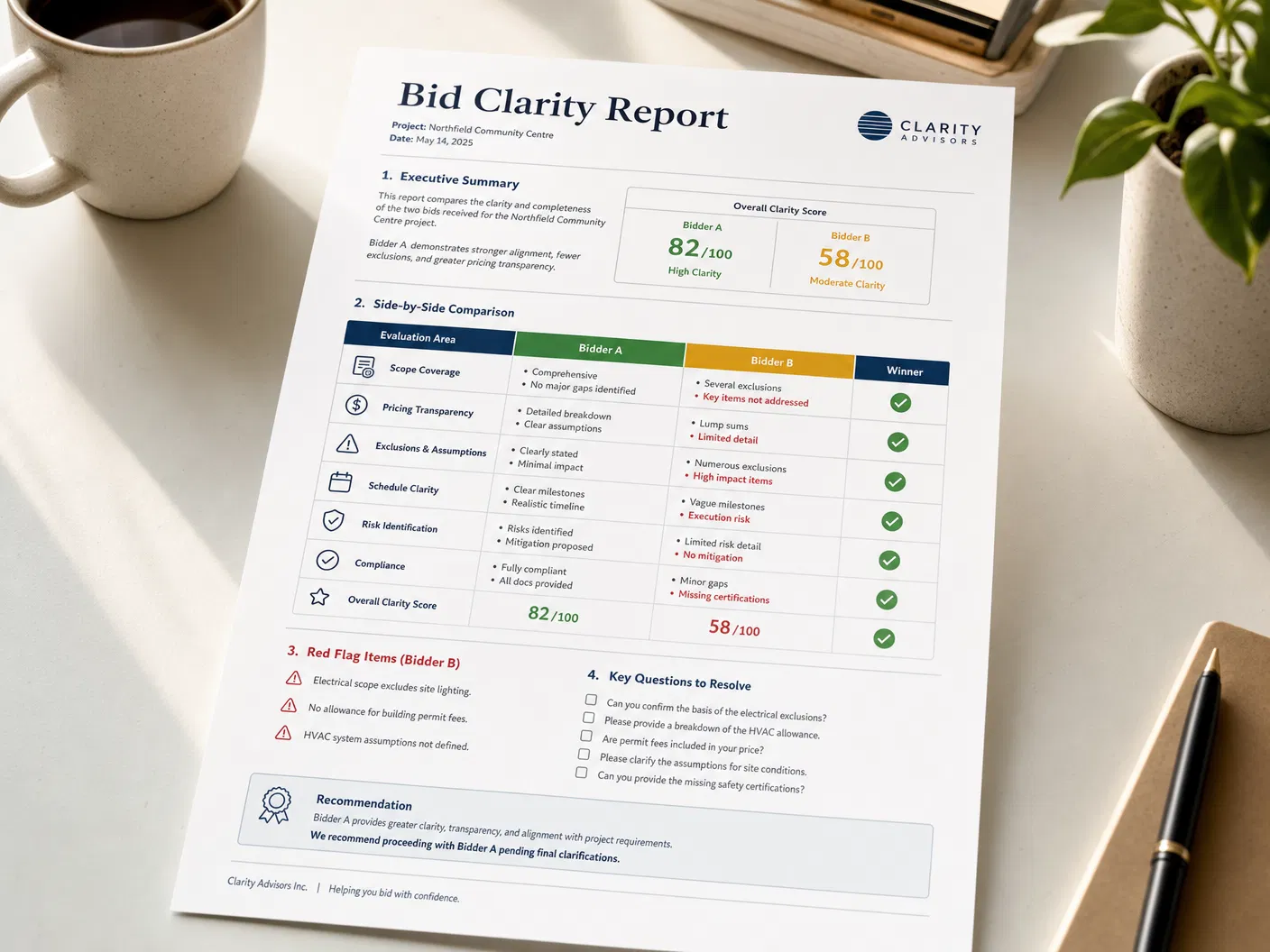 Clean Bid Clarity Report with side-by-side comparison and red flags highlighted