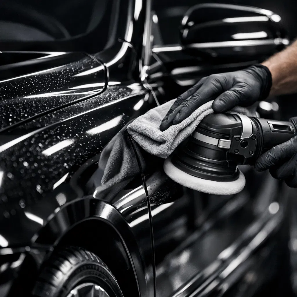 Professional machine polishing on a black vehicle