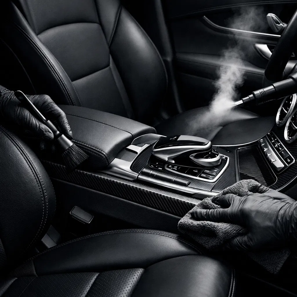 Luxury vehicle interior being professionally detailed