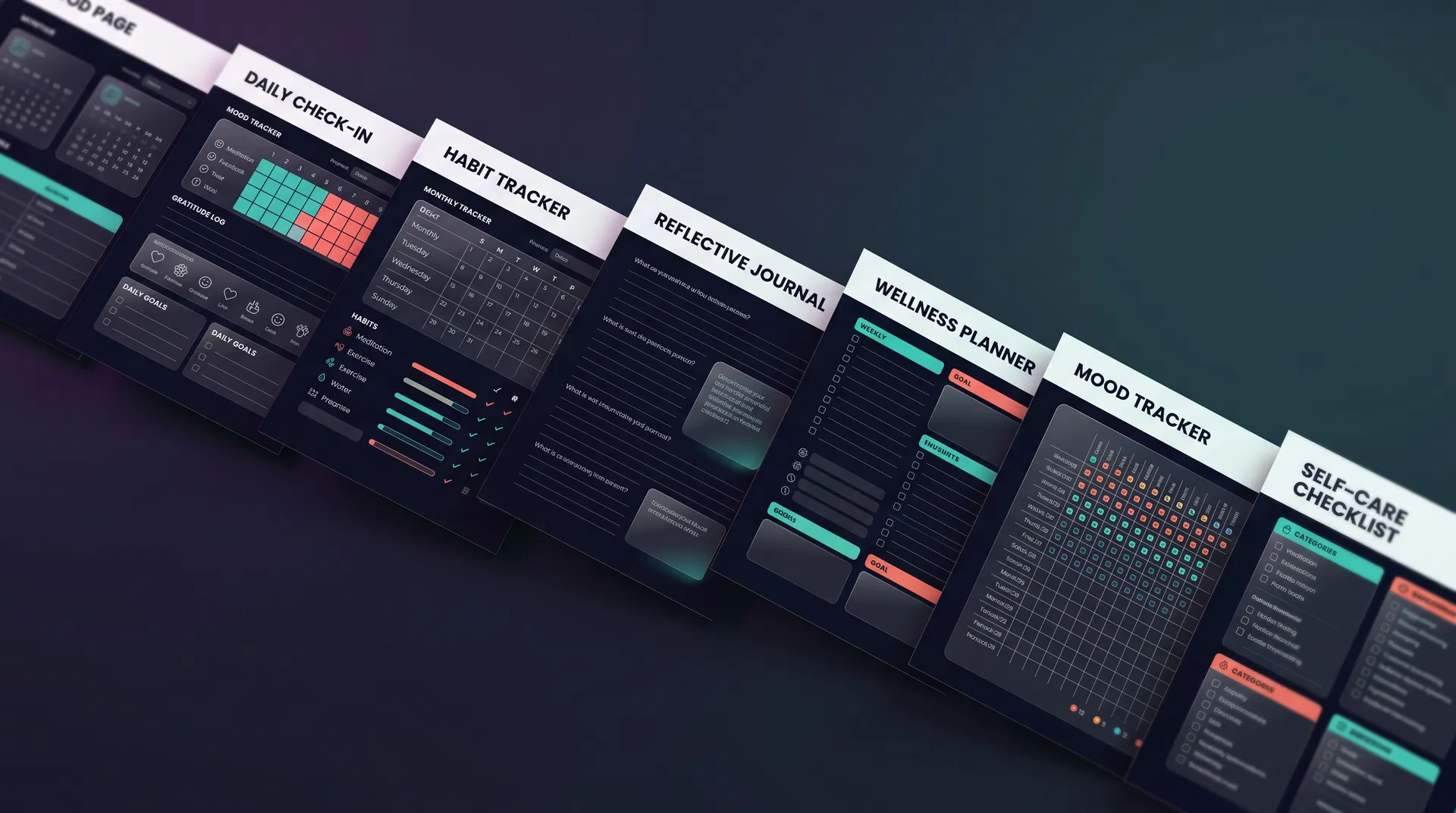 The Bipolar Life Toolkit - Multiple pages showing mood tracking, checklists, and journal pages