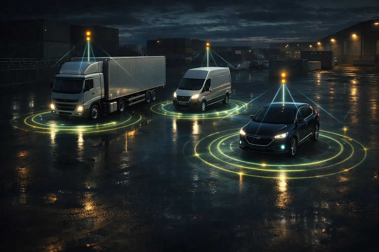Frota com monitoramento por sinal em ambiente corporativo noturno