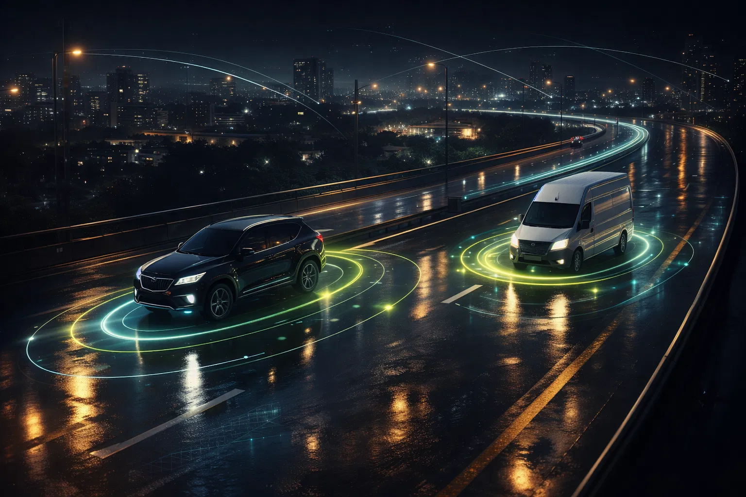 Veículos monitorados em uma rodovia à noite com visual tecnológico