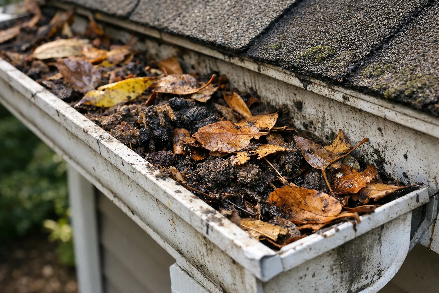 Clogged gutter system with leaves and debris needing cleaning in Navarre FL