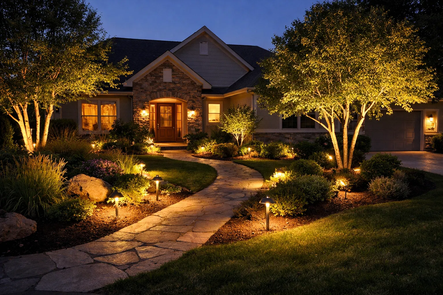 Warm landscape lighting illuminating residential yard at dusk in Fort Walton Beach FL