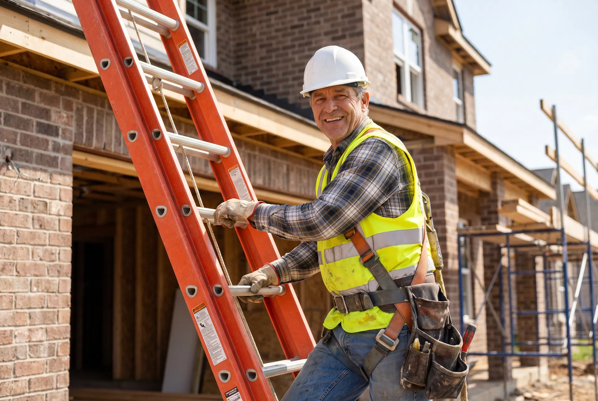 Safety professional in full fall protection harness on a ladder