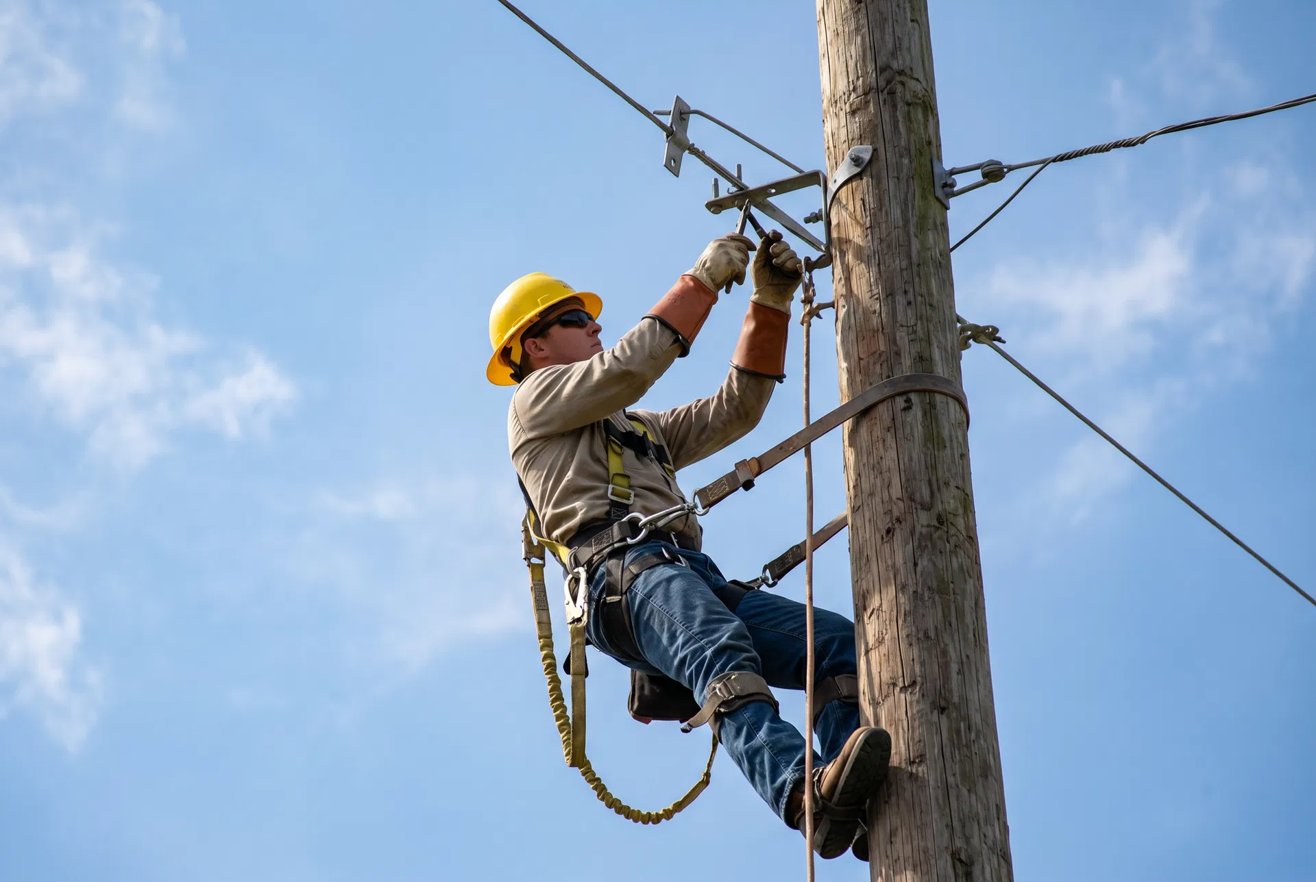 Utility lineman climbing a power pole — field safety expertise