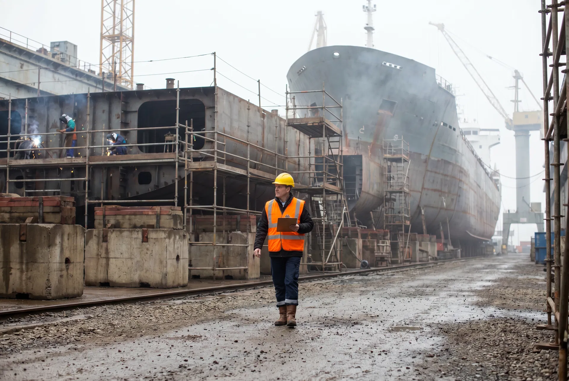 Safety inspector walking through an active commercial shipyard