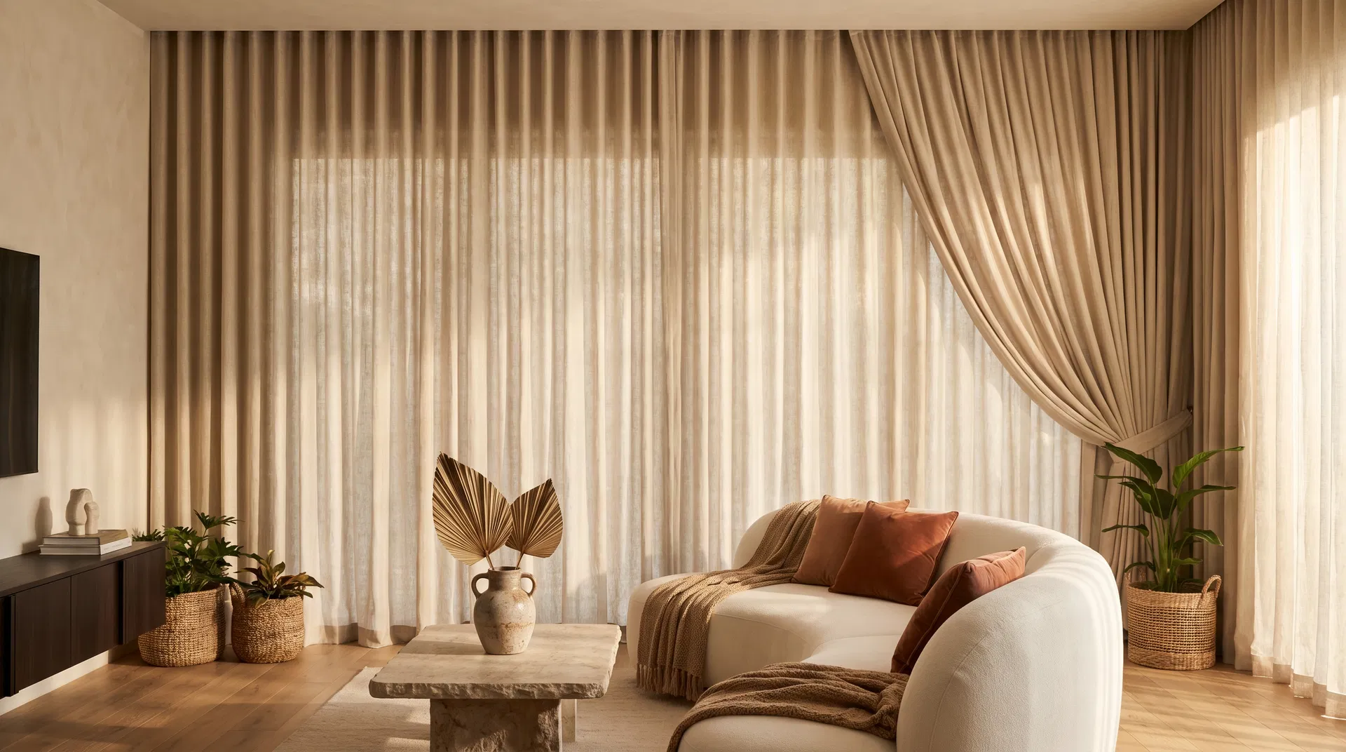 Elegant living room with full-height curtains