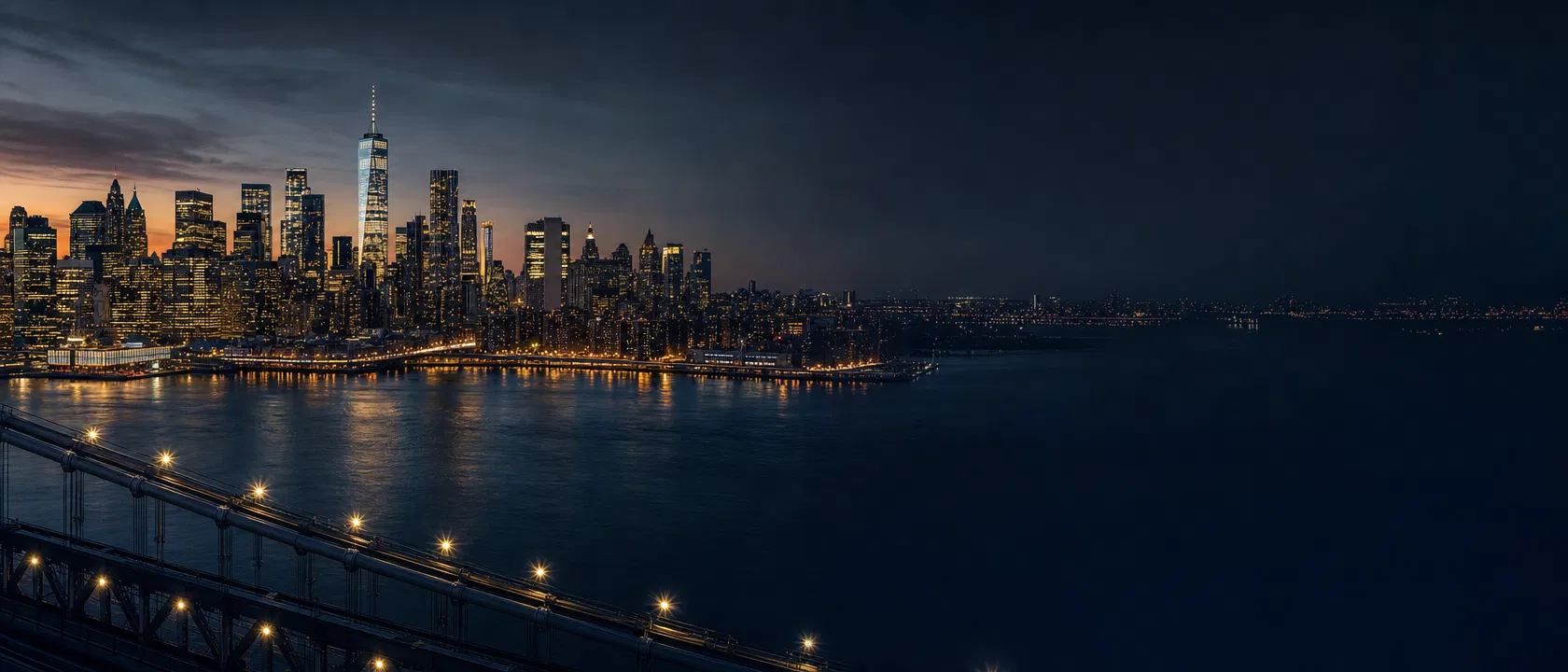 Lower Manhattan skyline at dusk