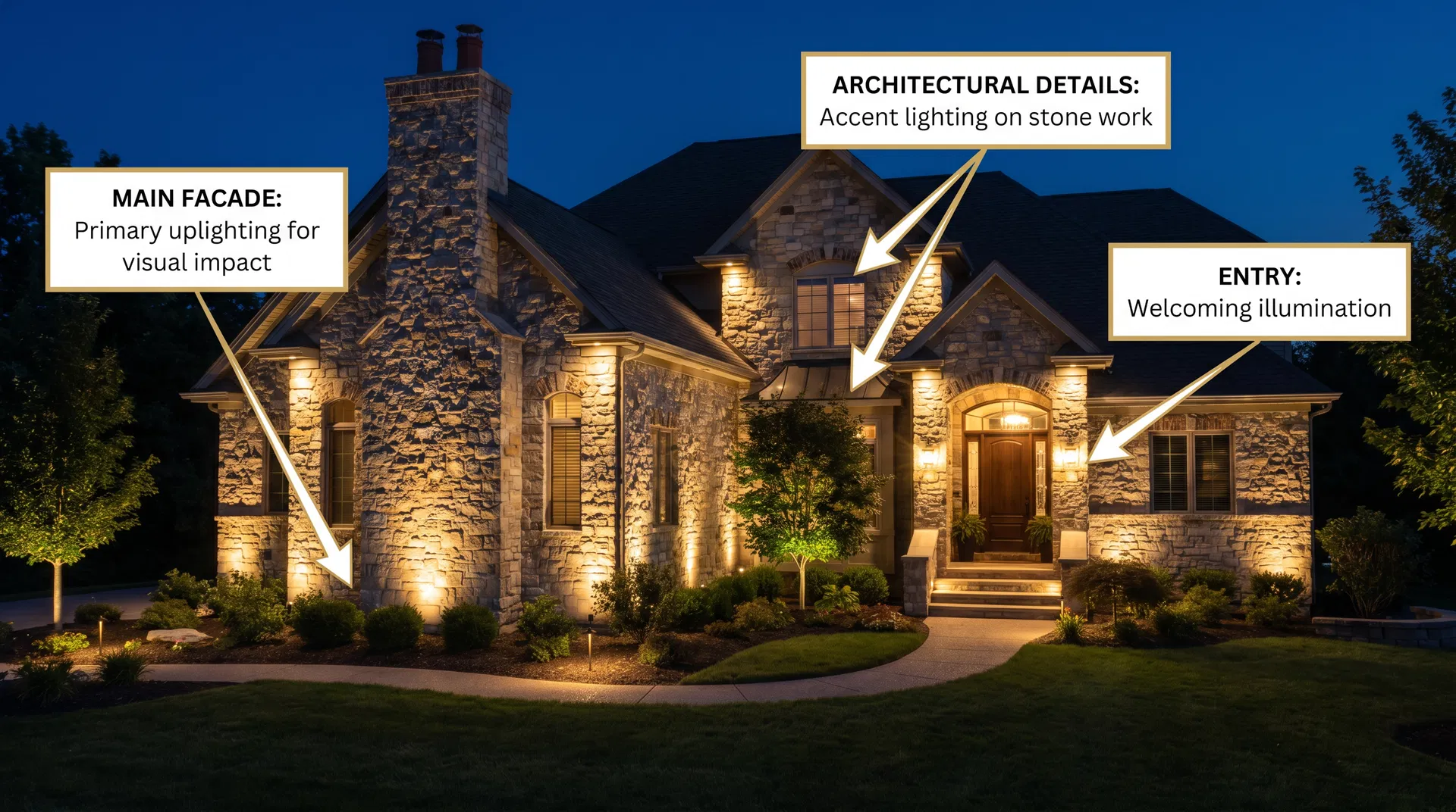 Annotated landscape design lighting showing fixture types and positions