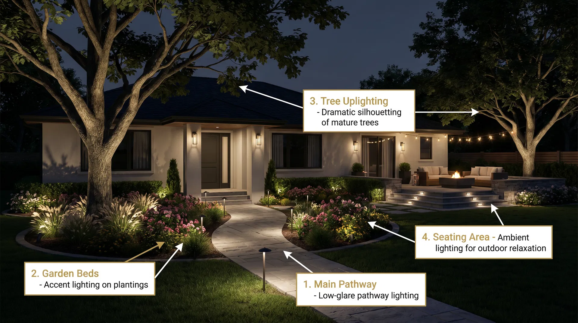 Annotated landscape lighting design showing fixture types and positions