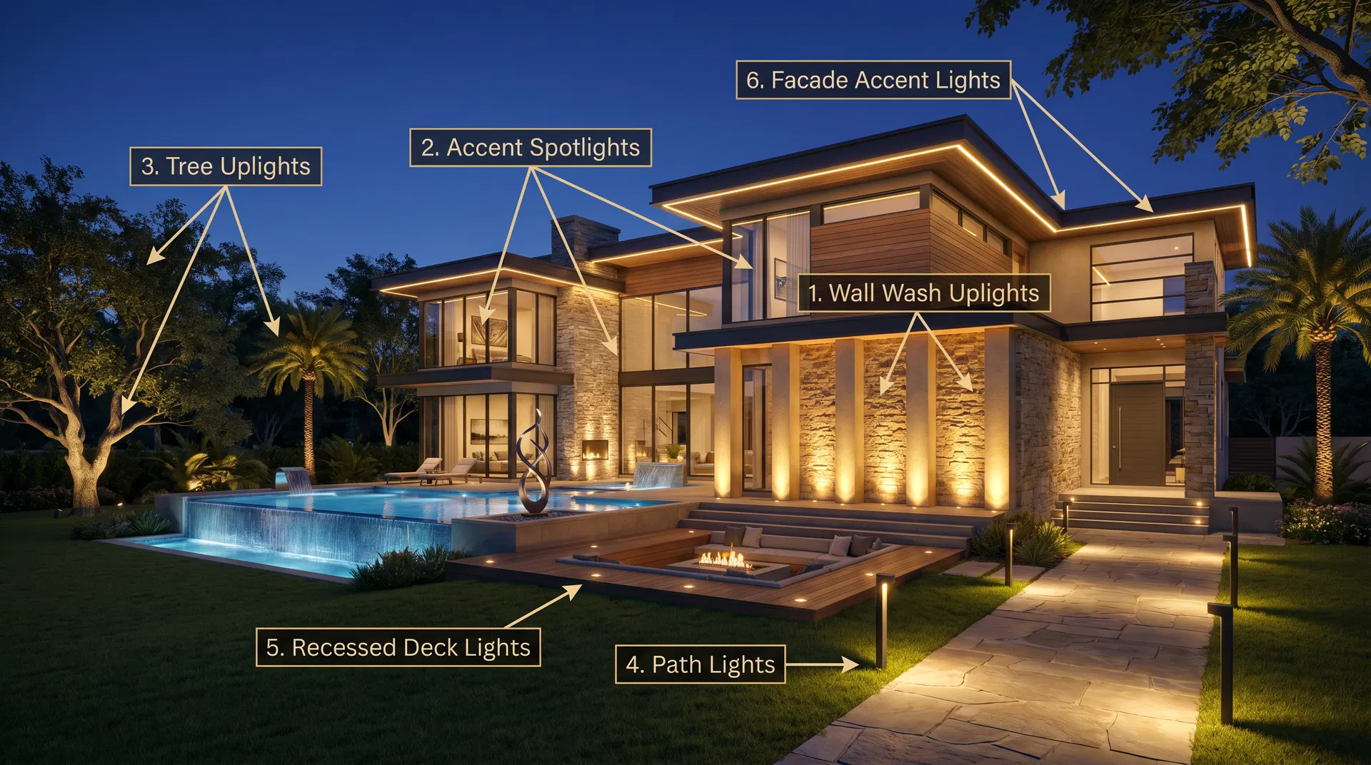 Annotated lighting design showing fixture types and positions